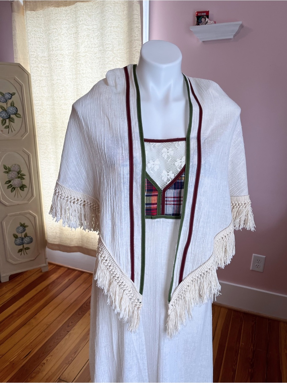70s Cotton Patchwork Maxi dress with shawl - Picture 8 of 11